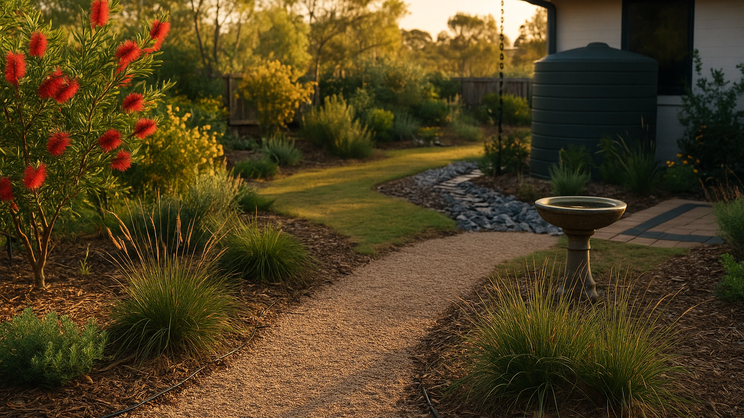 Eco-Friendly Landscaping: Sustainable Practices for a Greener Outdoor Space Australian native garden with bottlebrush, kangaroo grass, birdbath