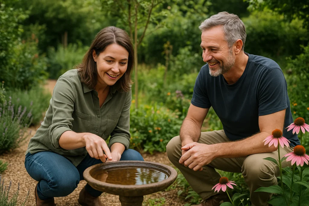 Couple tending bird bath in lush garden